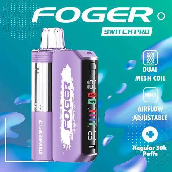 Foger Switch Pro 30k disposable vapor kit in Strawberry Ice flavor, featuring dual mesh coil and adjustable airflow.