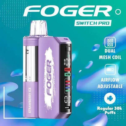 Foger Switch Pro 30k disposable vapor kit in Strawberry Ice flavor, featuring dual mesh coil and adjustable airflow.