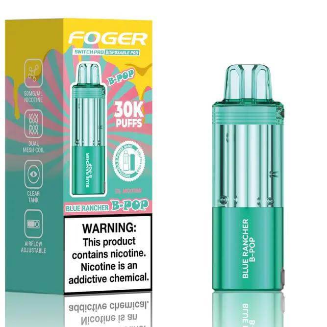 Fogger Switch Pro Disposable Pod in Blue Rancher flavor, offering 30,000 puffs with adjustable airflow.