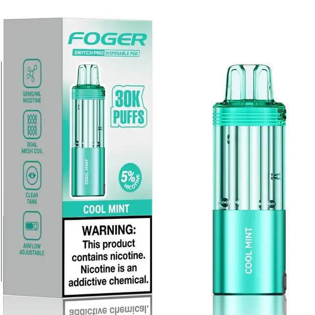 Fogger Switch Pro Disposable Pod in Cool Mint flavor, offering 30,000 puffs with adjustable airflow and dual mesh coil.