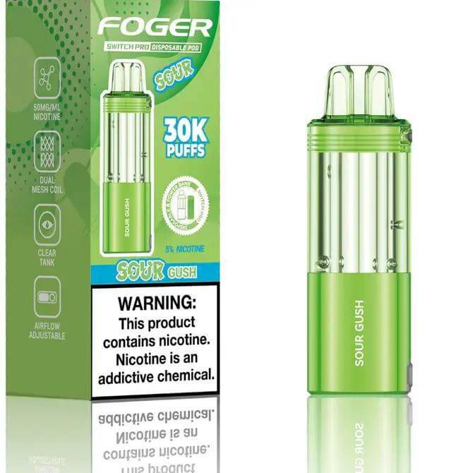 Fogger Switch Pro Disposable Pod, Sour Gush flavor, 30K puffs, nicotine warning, green design, dual mesh coils.