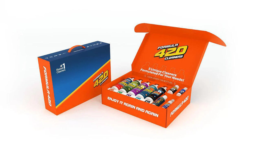 Formula 420 Briefcase Kit showcasing a colorful selection of premium cleaners in a vibrant briefcase.