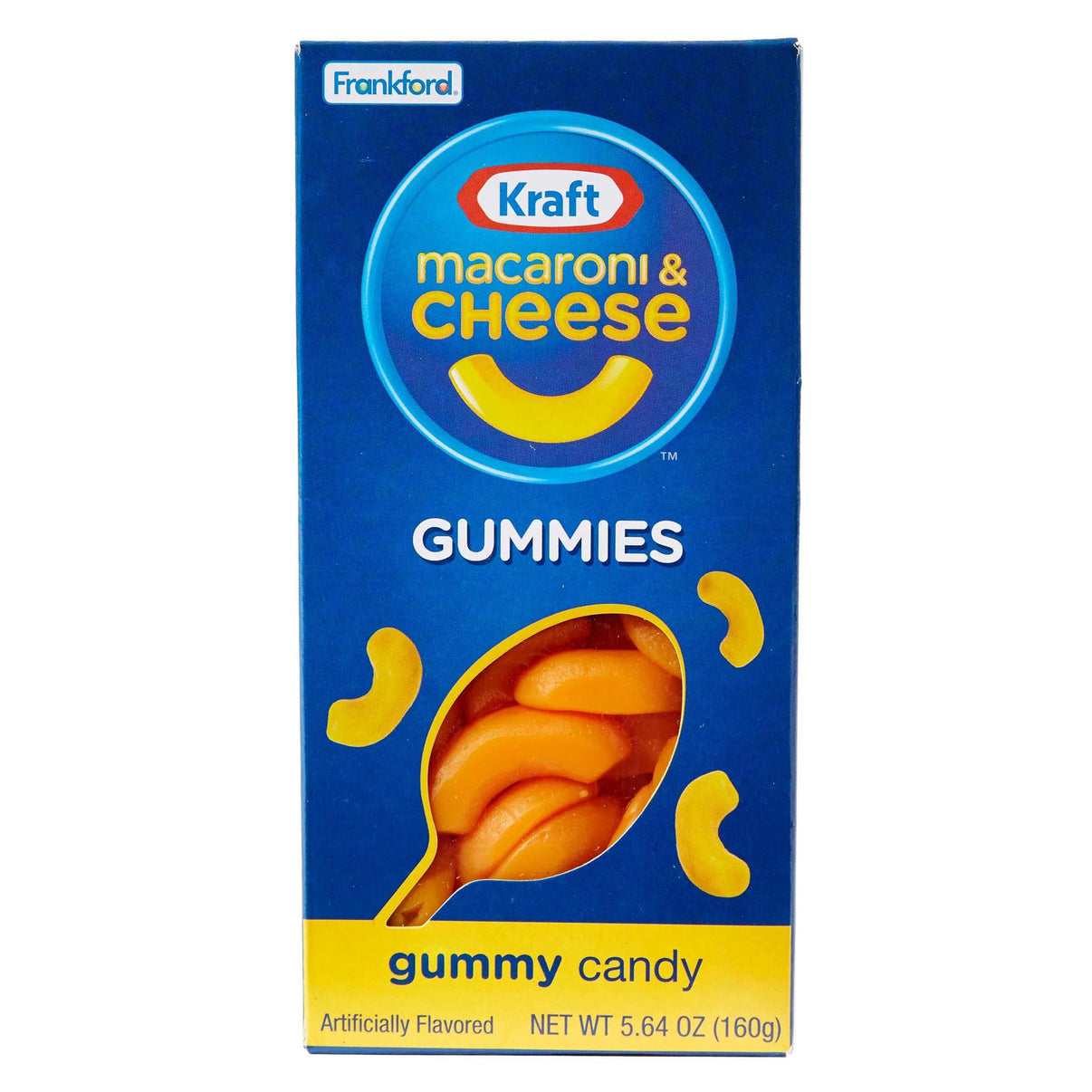 Frankford Kraft Grummy Mac & Cheese gummy candy box with playful macaroni shapes.