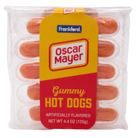 Frankford Oscar Mayer Gummy Hot Dogs pack featuring chewy, fruity candy in hot dog shapes.