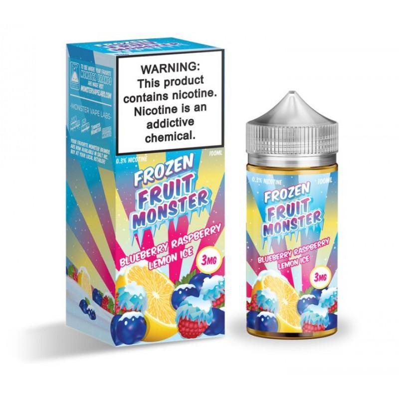 Frozen Fruit Monster Blueberry Raspberry Lemon Ice vape juice 100ml bottle, with colorful packaging and warning label.