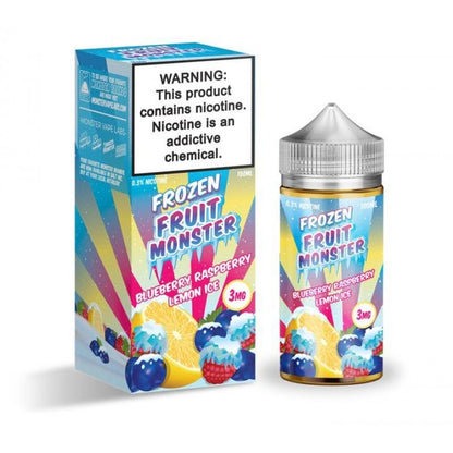 Fruit Monster Frozen vape juice - Blueberry Raspberry Lemon Ice 100ml with a warning label about nicotine.