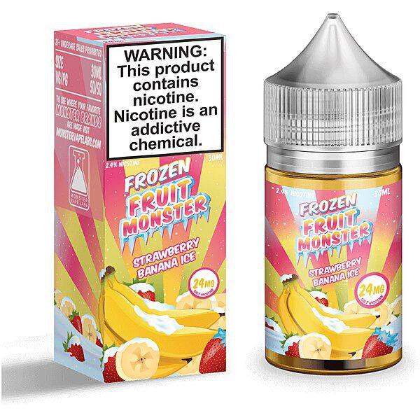 Fruit Monster Frozen Strawberry Banana Ice e-liquid 30ml bottle and packaging with nicotine warning.