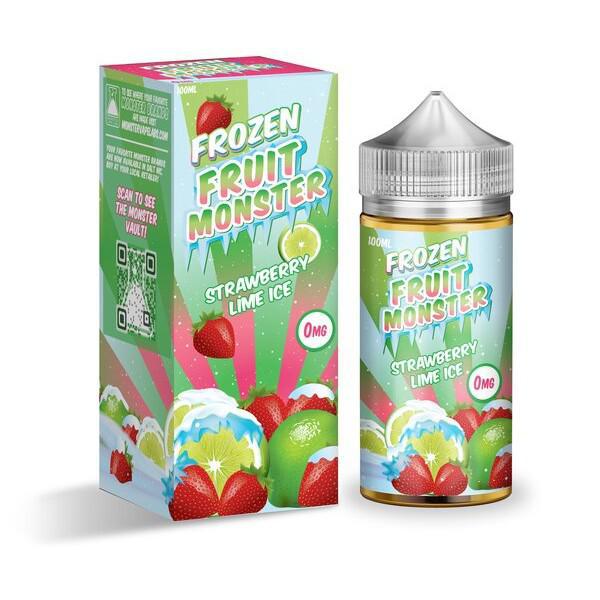 Frozen Fruit Monster 100ml vape juice with strawberry lime ice flavor, featuring vibrant packaging and menthol refreshment.