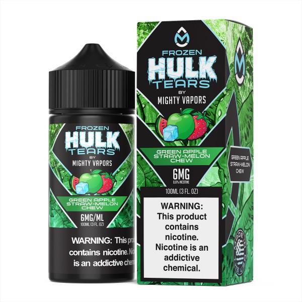 Frozen Hulk Tears 100ml vape juice featuring green apple and straw-melon flavors in a bold bottle design.