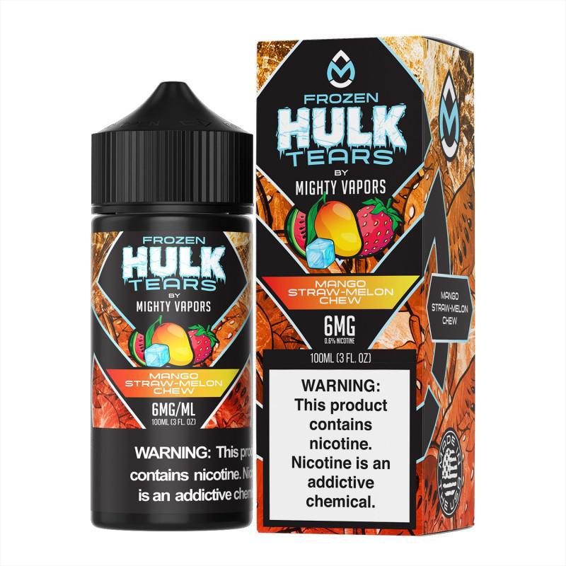 Frozen Hulk Tears vape juice 100ml bottle with mango-strawberry flavor and warning label.