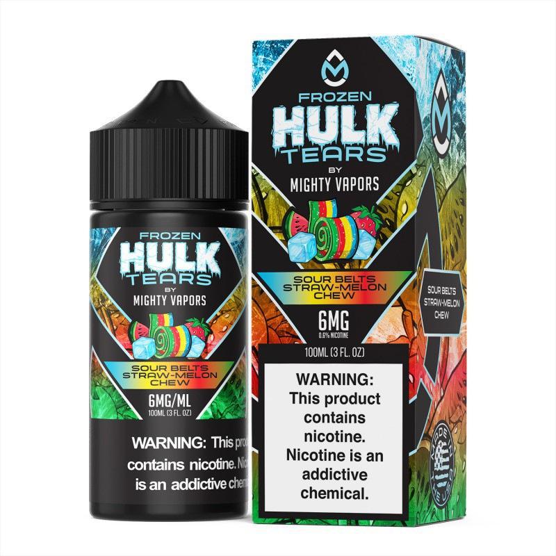 Frozen Hulk Tears 100ml vape juice packaging featuring vibrant colors and warning label.