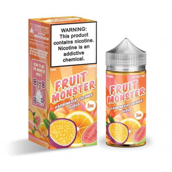 Fruit Monster 100ml E-Liquid Passionfruit Orange Guava flavor with vibrant packaging and warning label.
