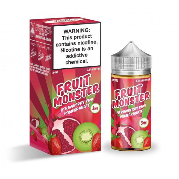 Fruit Monster 100ml E-Liquid bottle with Strawberry Kiwi Pomegranate flavor and packaging featuring ripe fruit design.