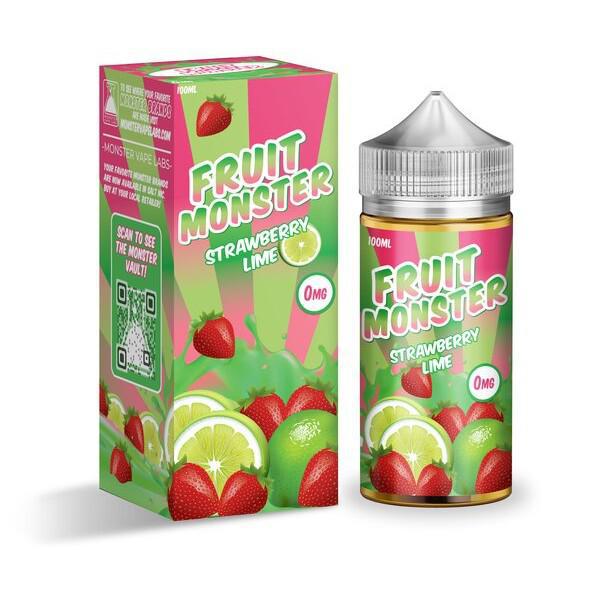 Fruit Monster 100ml Strawberry Lime e-liquid bottle and box featuring vibrant strawberry and lime graphics.