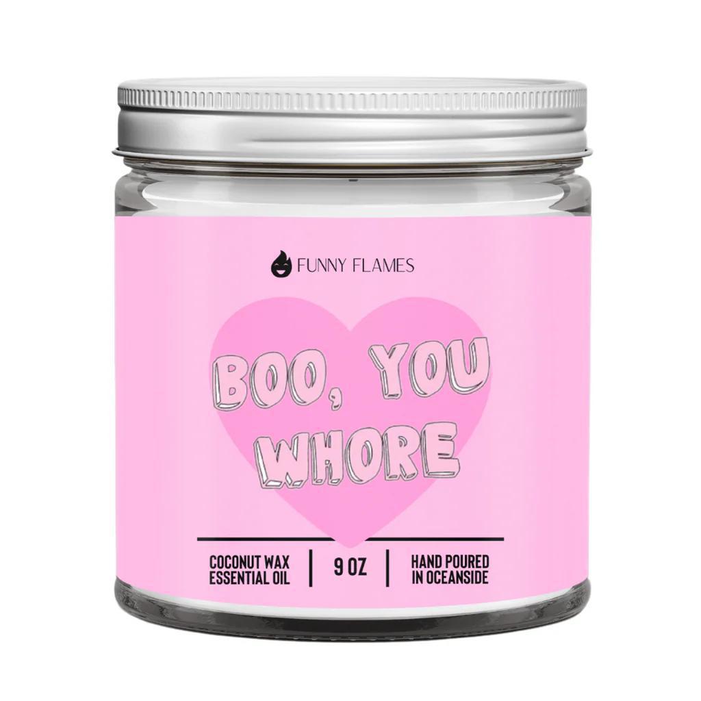 Funny Flames Candle - Boo, You Whore in a stylish pink jar, crafted from coconut wax and hand poured.