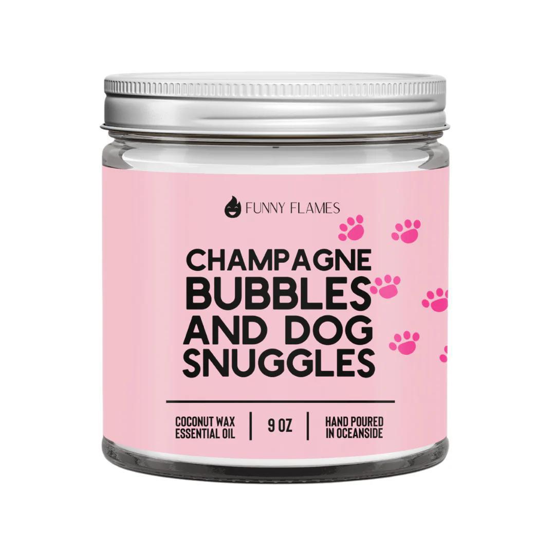 Funny Flames Candle - Champagne Bubbles and Dog Snuggles in a 9 oz jar with pink label and paw print design.