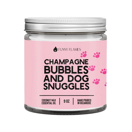Funny Flames Candle - Champagne Bubbles and Dog Snuggles in a 9 oz jar with pink label and paw print design.