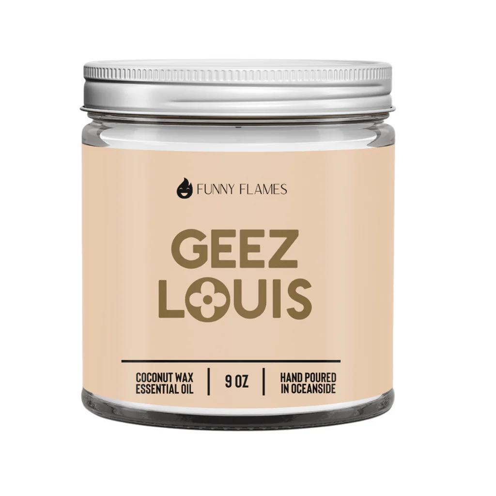 Funny Flames Candle - Geez Louis (Brown) in a jar, 9 oz coconut wax essential oil, hand poured.