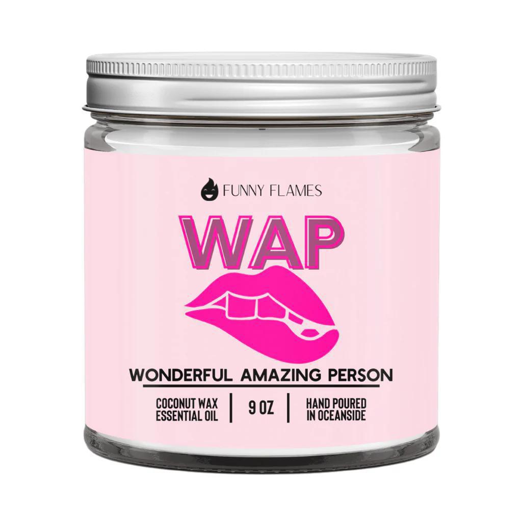 Funny Flames Candle - Wap (Wonderful Amazing Person) in a clear jar with pink labels and coconut wax.