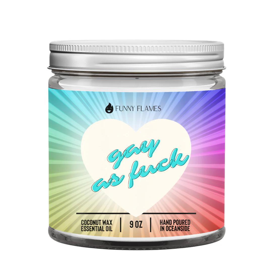 Funny Flames Candle - Gay As Fuck in a colorful jar with coconut wax essential oil, 9 oz capacity.