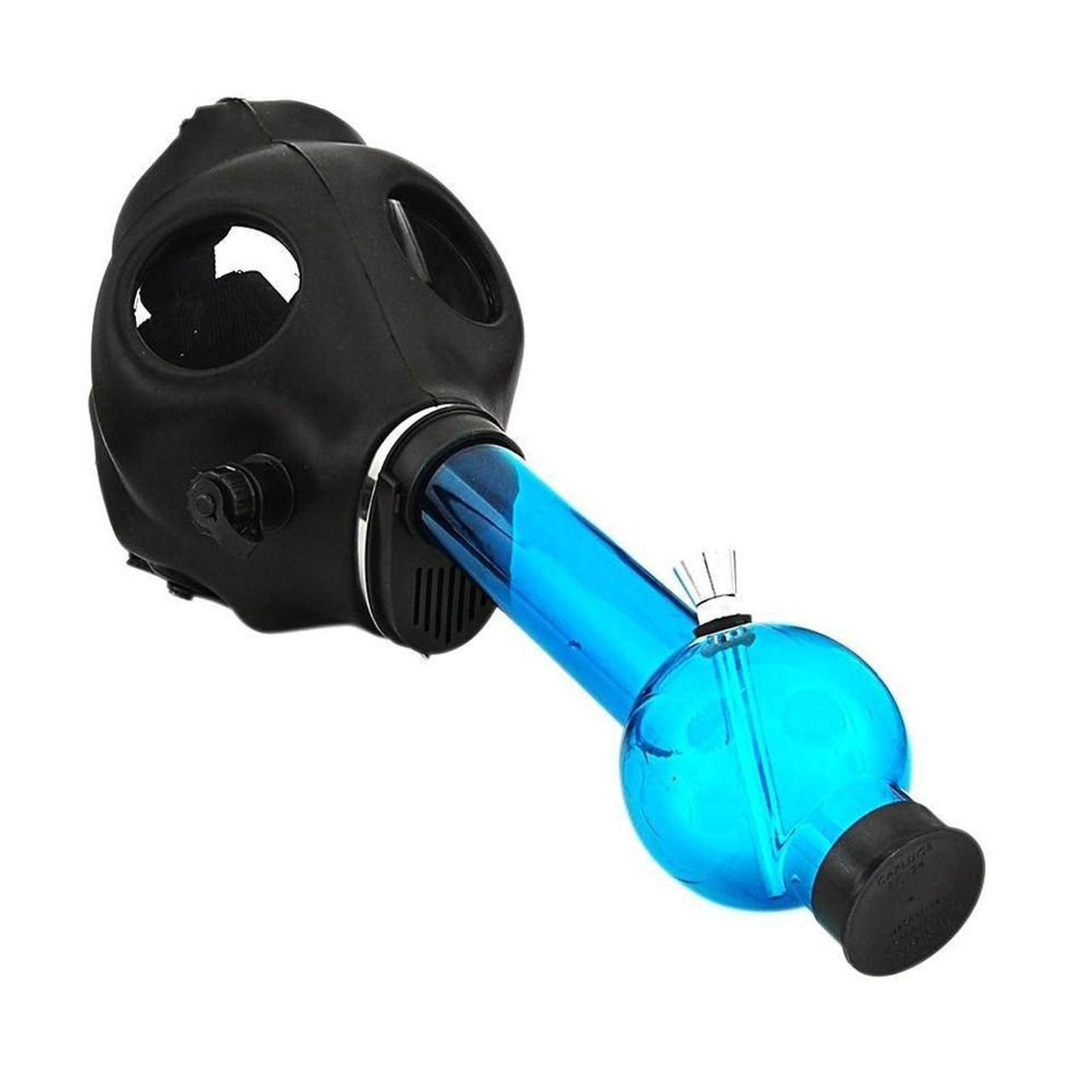 Gas Mask with Flower Piece - Black gas mask bong featuring a blue acrylic water pipe for a unique smoking experience.