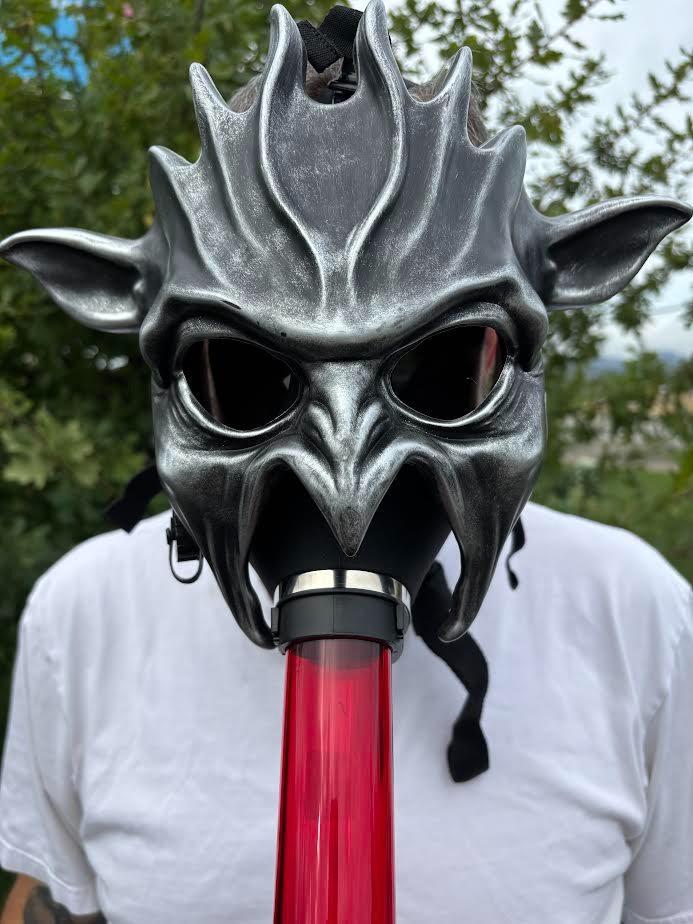 Gas Mask with Bong featuring a unique dragon-inspired design and red bong, perfect for parties and Halloween.