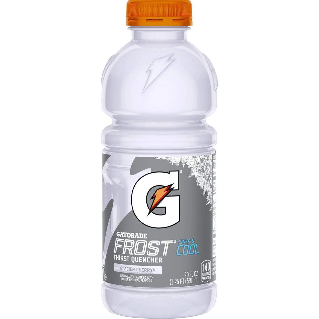 Gatorade 20oz Frost bottle in Glacier Cherry flavor, refreshing thirst quencher for active lifestyles.