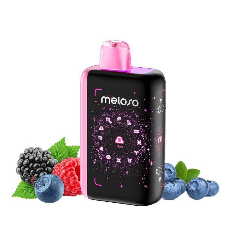 Meloso Bar 30K disposable vape with berry fruits, showcasing its sleek design and innovative features.