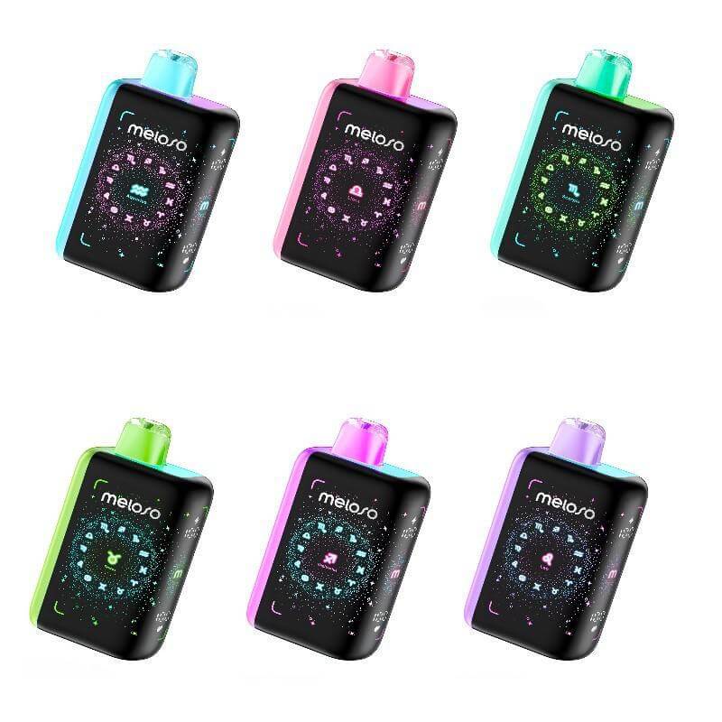 Meloso Bar 30K disposable vape in various colors, featuring a flexible display and cosmic design.