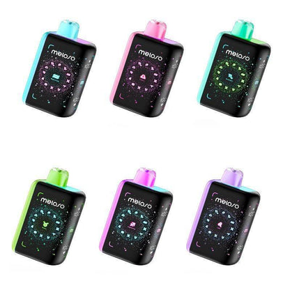 Meloso Bar 30K disposable vape in various colors, featuring a flexible display and cosmic design.
