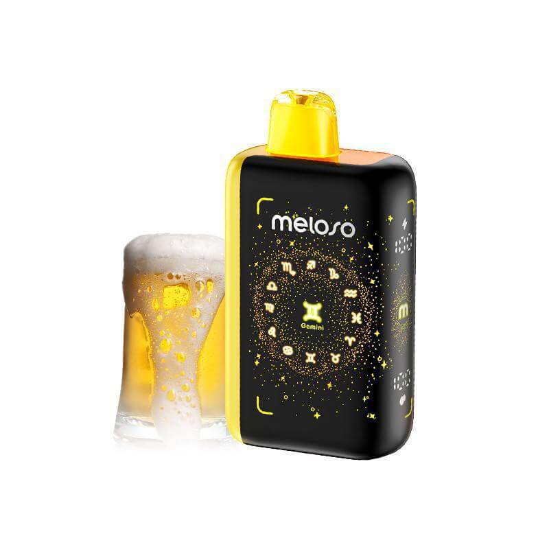 Meloso Bar 30K Disposable Vape next to a glass of beer, featuring cosmic design and user-friendly display.