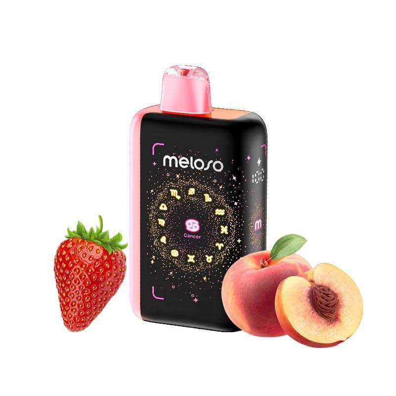 Meloso Bar 30K disposable vape with peach and strawberry, featuring zodiac designs for stylish vaping.