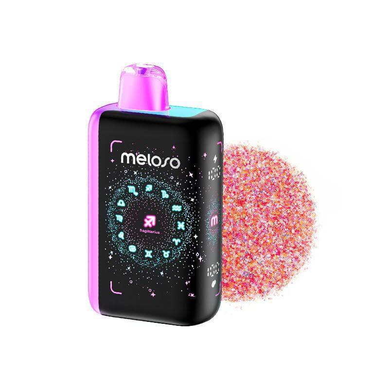 Meloso Bar 30K disposable vape with a cosmic design and vibrant display next to colorful glitter.
