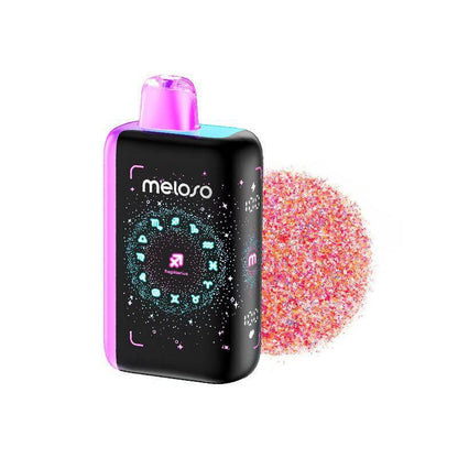 Meloso Bar 30K disposable vape with a cosmic design and vibrant display next to colorful glitter.