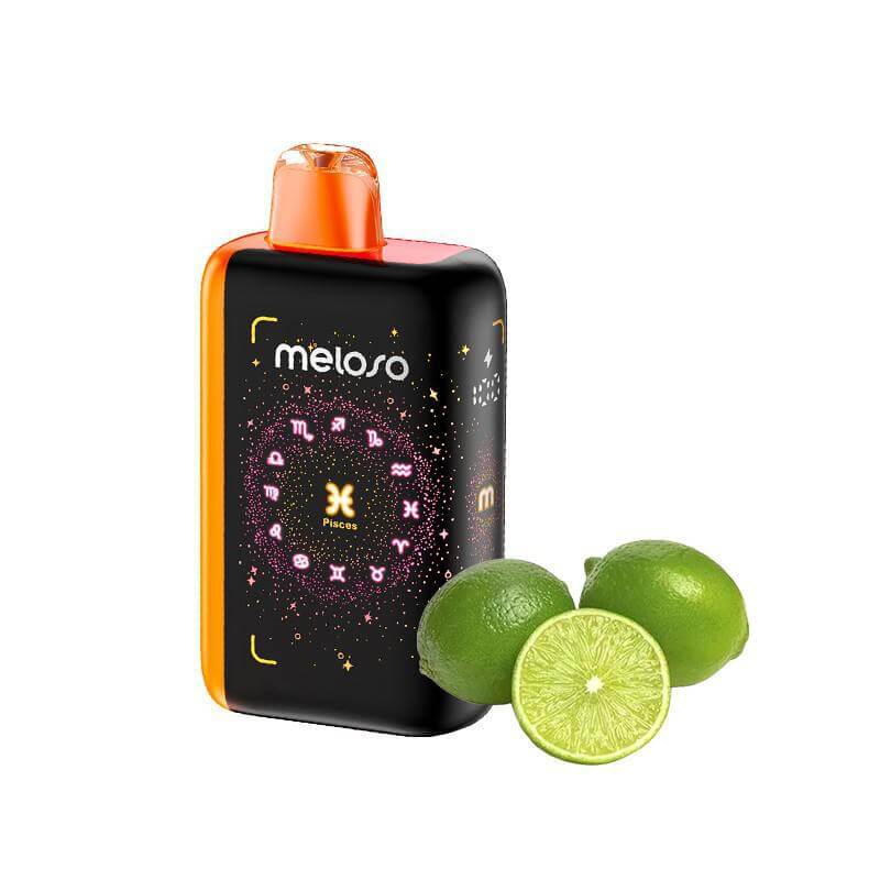 Meloso Bar 30K disposable vape with cosmic design and lime fruit, showcasing modern vaping technology.