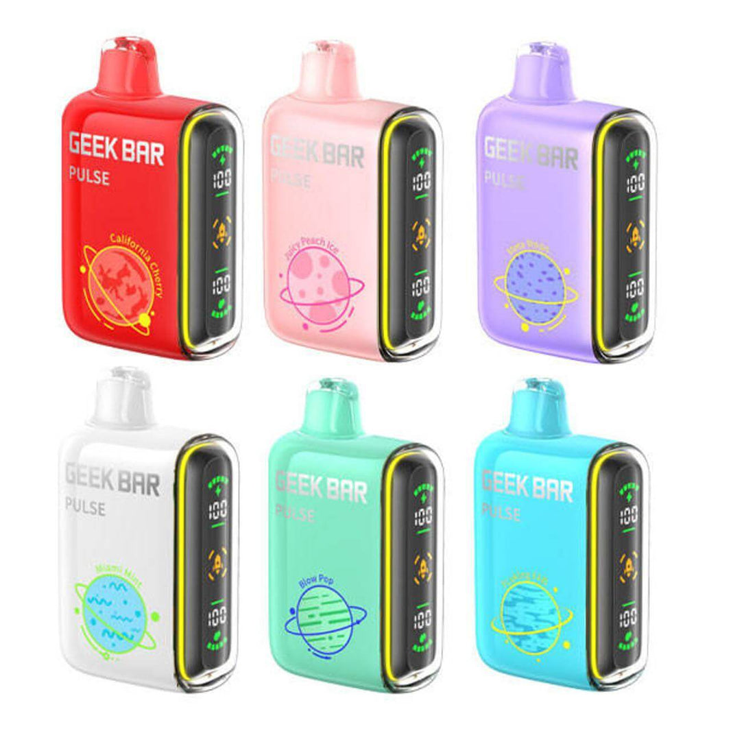 Variety of Geek Bar Pulse disposable vapes in colorful designs showcasing Planet Edition flavors.