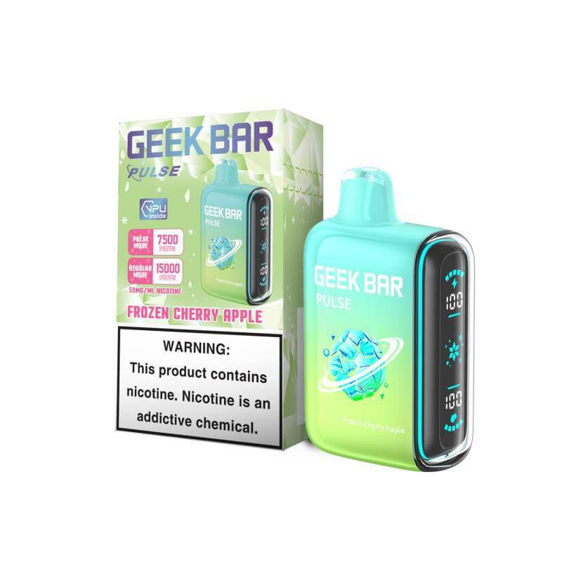 Geek Bar Pulse Frozen Cherry Apple disposable vape with 7500 puffs and warning label for nicotine.