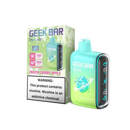 Geek Bar Pulse Frozen Cherry Apple disposable vape with 7500 puffs and warning label for nicotine.