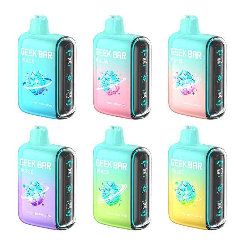 Geek Bar Pulse 15K Frozen Edition disposable vapes in vibrant colors, showcasing refreshing icy designs.