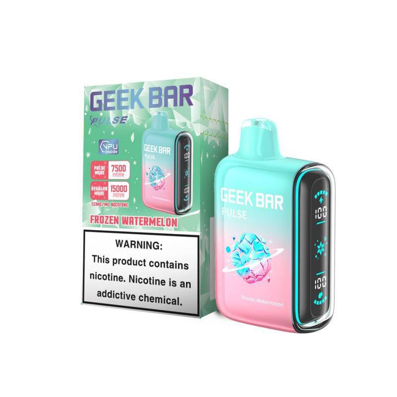 Geek Bar Pulse 15K Frozen Watermelon disposable vape with nicotine warning, showcasing refreshing flavor and 15,000 puffs.