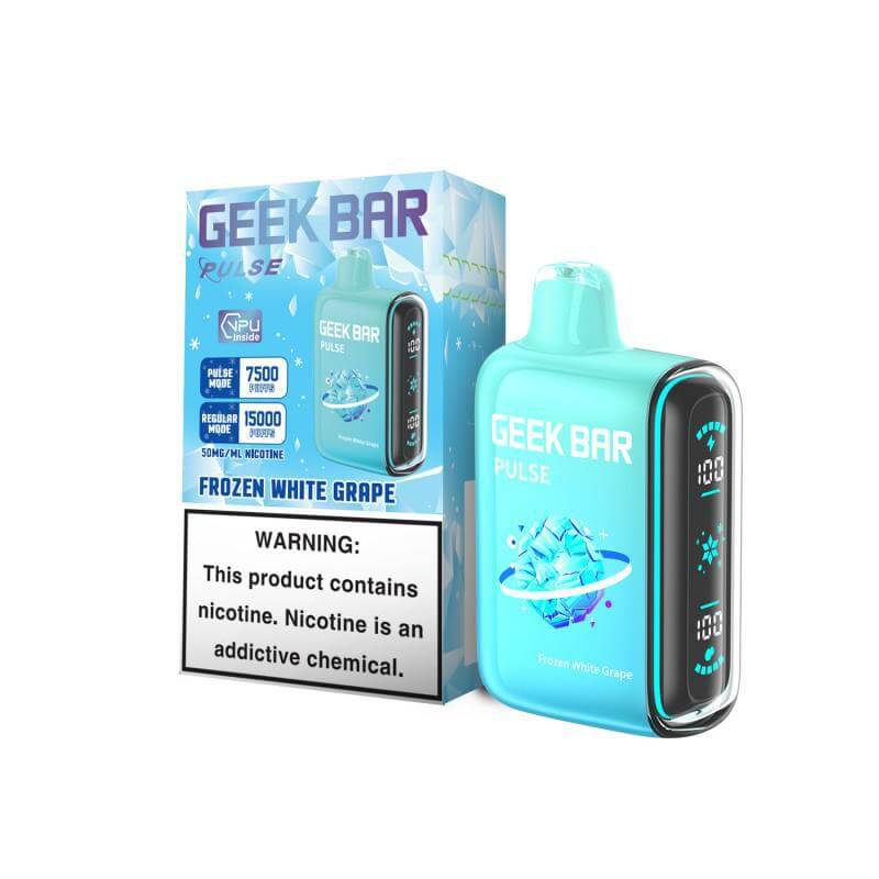 Geek Bar Pulse Frozen Edition device with box, offering 15,000 puffs and 5% nicotine for a cooling vaping experience.