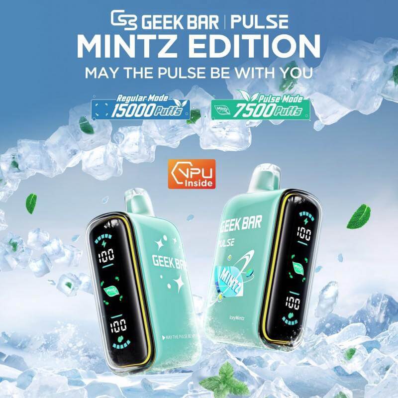 Geek Bar Pulse Mintz Edition disposable vape with 15000 puffs, featuring a sleek design and vibrant colors.