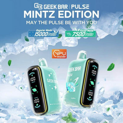 Geek Bar Pulse Mintz Edition disposable vape with 15000 puffs, featuring a sleek design and vibrant colors.