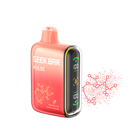 Geek Bar Pulse Zodiac Edition vape with Sagittarius Cherry Bomb flavor, vibrant design and digital display for cosmic vaping experience.