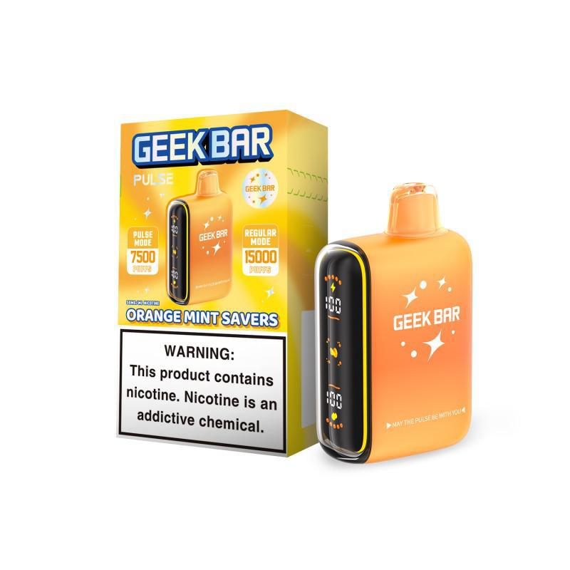 Geek Bar Pulse 15K Savers Edition in Orange Mint flavor with bright packaging and OLED display for vaping innovation.
