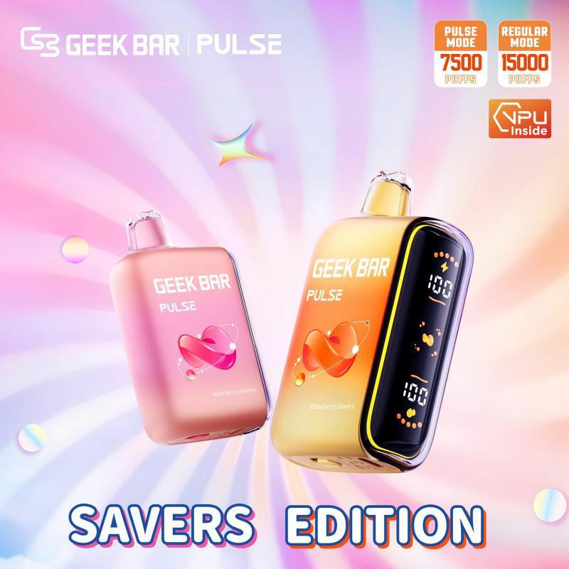 Geek Bar Pulse Savers Edition disposable vape featuring dual-core system and OLED display, offering 15,000 puffs.