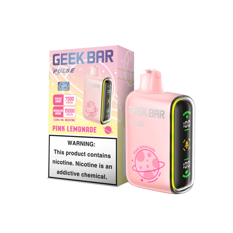 Geek Bar Pulse Pink Lemonade disposable vape with box, featuring 7500 and 15000 puff options.