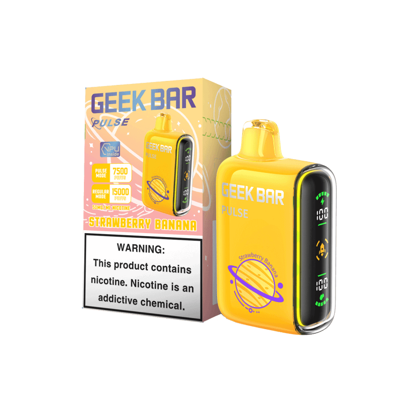 Geek Bar Pulse 15K disposable vape in Strawberry Banana flavor with vibrant yellow design.