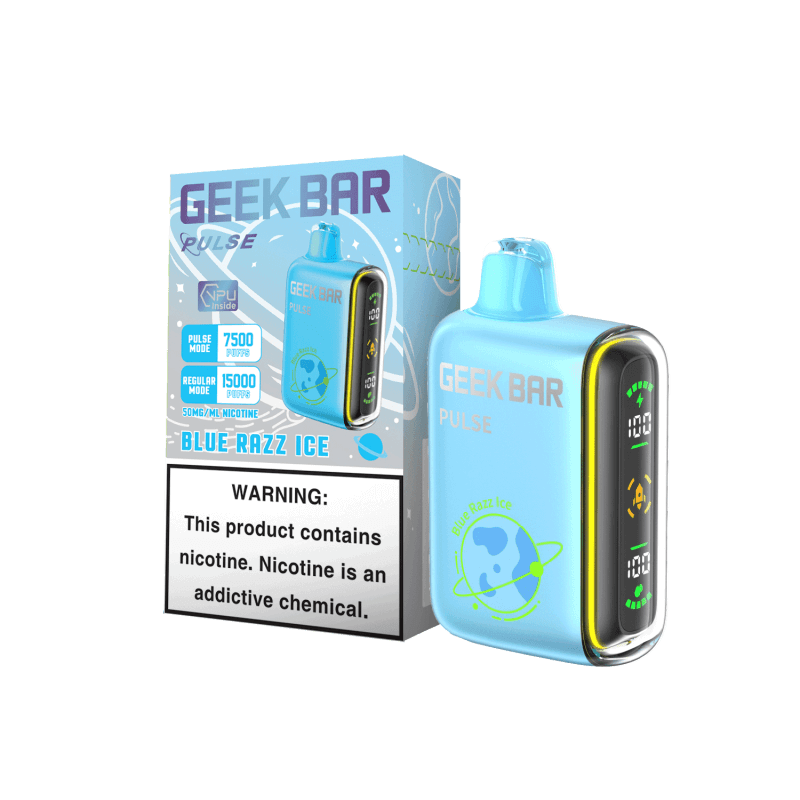 Geek Bar Pulse Blue Razz Ice disposable vape with 7500 puffs and warning label about nicotine.
