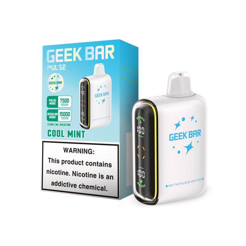 Geek Bar Pulse disposable vape with Cool Mint flavor, 7500 puffs, and 5% nicotine strength.